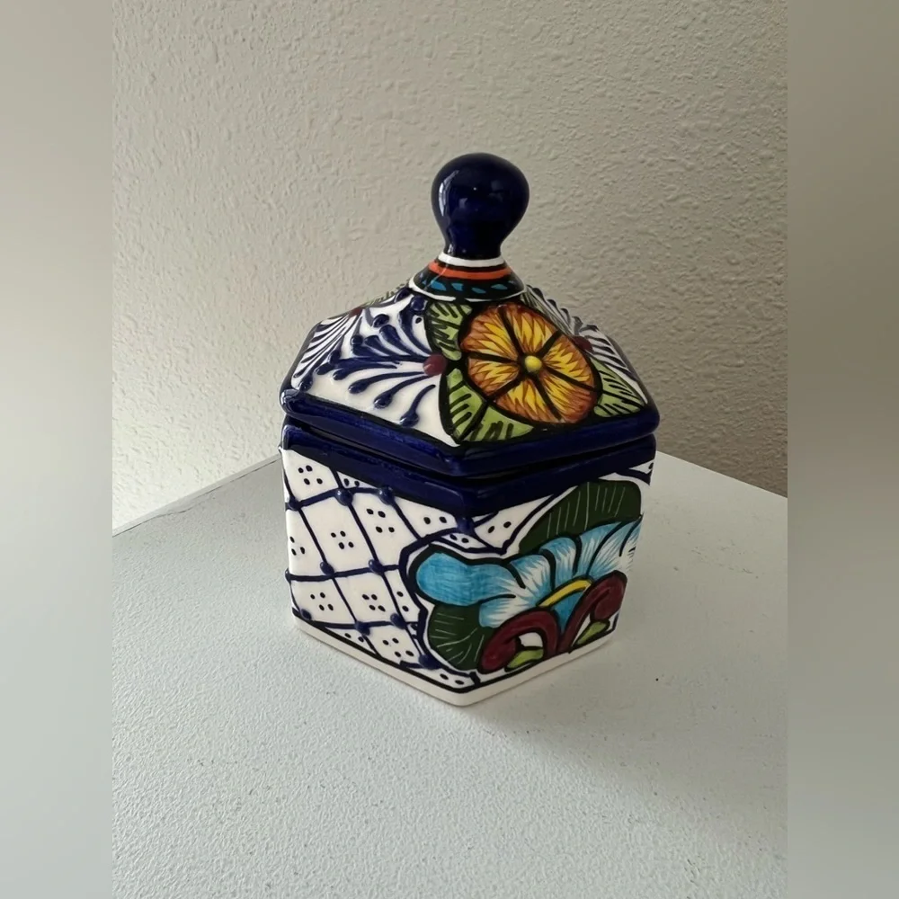 Talavera Mexican Art Pottery Lidded Ceramic Jewelry Trinket Box Alba Mexico - Picture 3 of 11